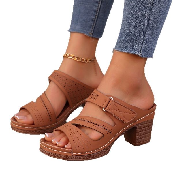 Square-heeled Peep-toe Slides Shoes Summer Casual Chunky Heel Sandals Solid Color Slippers - 图片 3