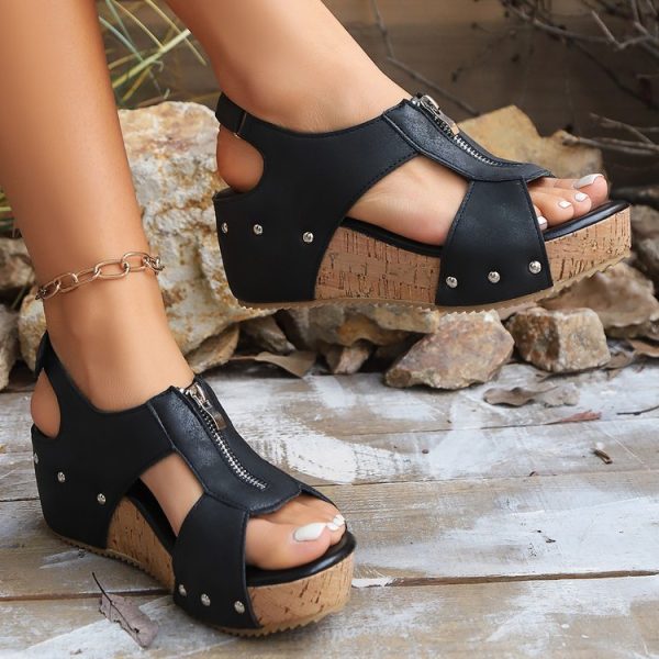 Summer Zipper Wedges Sandals Women's Lightweight Height Increasing Shoes Fashion Casual Sandals - 图片 4