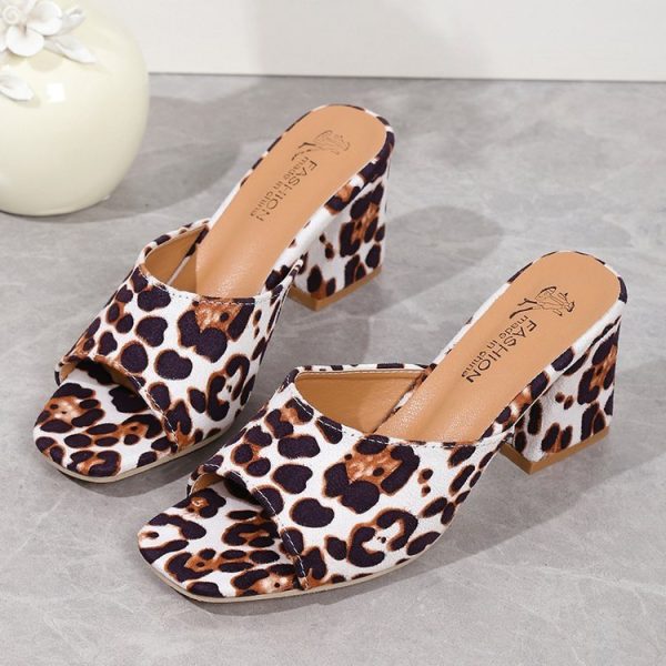 Leopard Square Toe Sandals Summer High-heeled Slippers Chunky Heel Shoes For Women - 图片 5