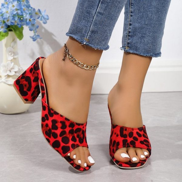Leopard Square Toe Sandals Summer High-heeled Slippers Chunky Heel Shoes For Women - 图片 7