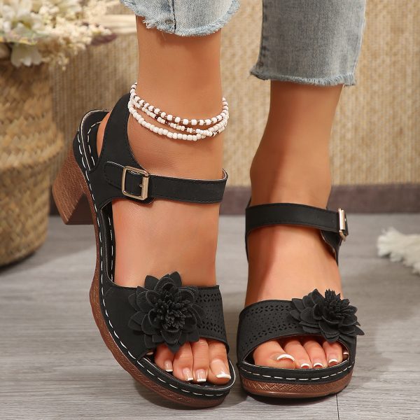 Women's Flowers Chunky Heel Sandals Summer Plus Size Platform Shoes - 图片 7