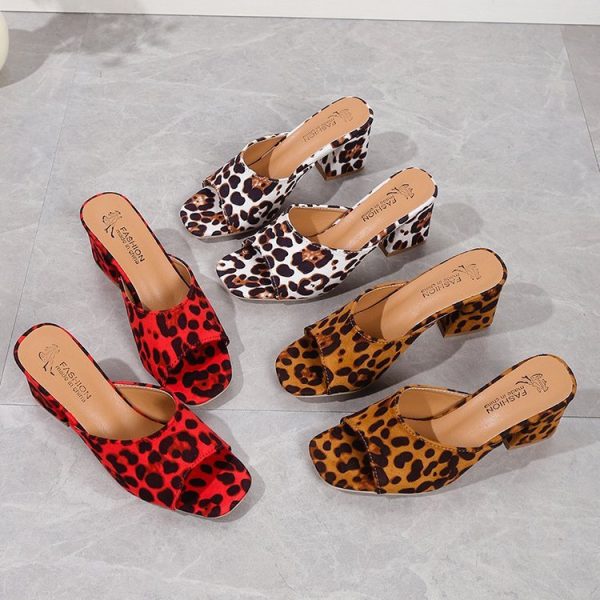 Leopard Square Toe Sandals Summer High-heeled Slippers Chunky Heel Shoes For Women - 图片 9