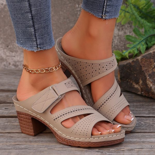 Square-heeled Peep-toe Slides Shoes Summer Casual Chunky Heel Sandals Solid Color Slippers - 图片 4