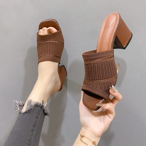 Fashion Slippers Thick Heel Knitted Wool High Heel Square Toe Sandals - 图片 5