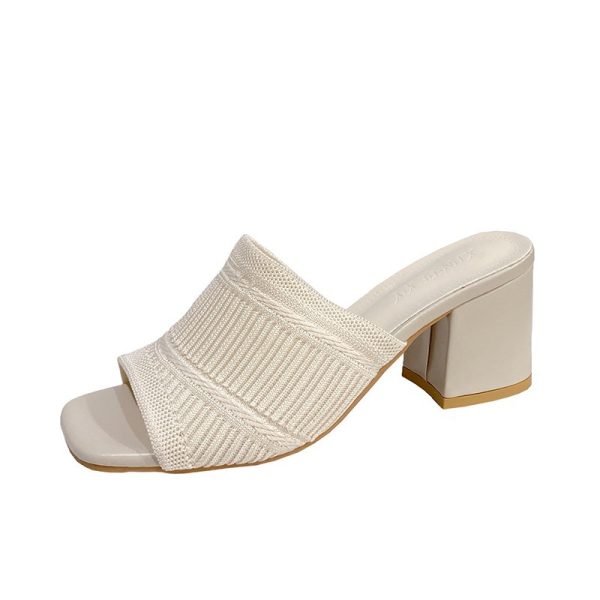 Fashion Slippers Thick Heel Knitted Wool High Heel Square Toe Sandals - 图片 8