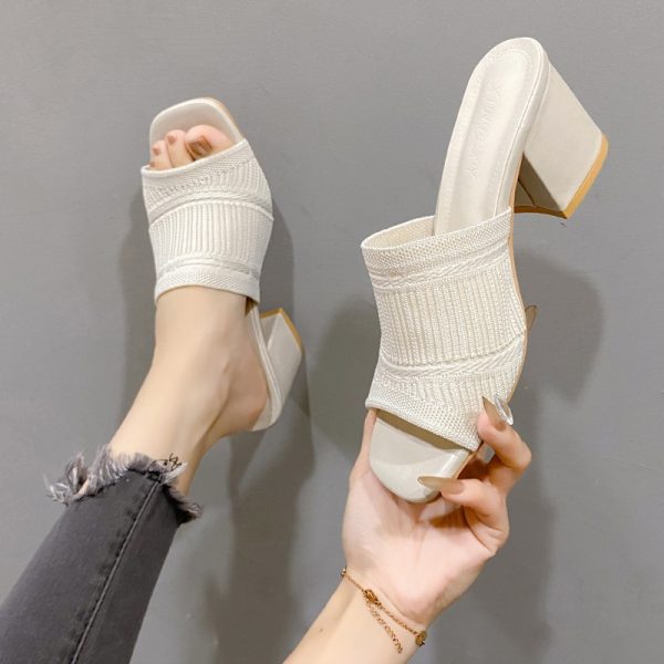 Fashion Slippers Thick Heel Knitted Wool High Heel Square Toe Sandals - 图片 9