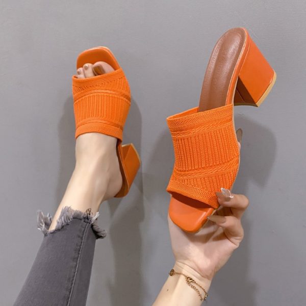 Fashion Slippers Thick Heel Knitted Wool High Heel Square Toe Sandals - 图片 6