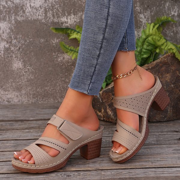 Square-heeled Peep-toe Slides Shoes Summer Casual Chunky Heel Sandals Solid Color Slippers - 图片 2