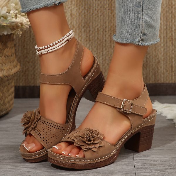 Women's Flowers Chunky Heel Sandals Summer Plus Size Platform Shoes - 图片 9