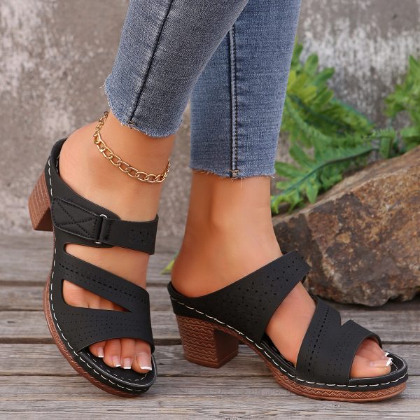 Square-heeled Peep-toe Slides Shoes Summer Casual Chunky Heel Sandals Solid Color Slippers - 图片 10