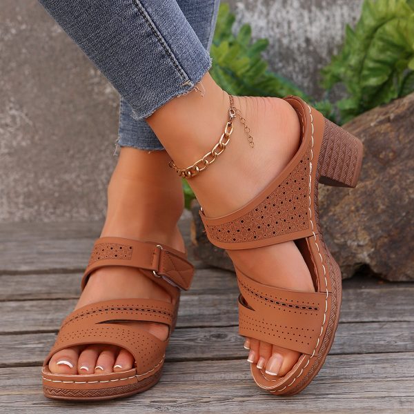 Square-heeled Peep-toe Slides Shoes Summer Casual Chunky Heel Sandals Solid Color Slippers - 图片 7