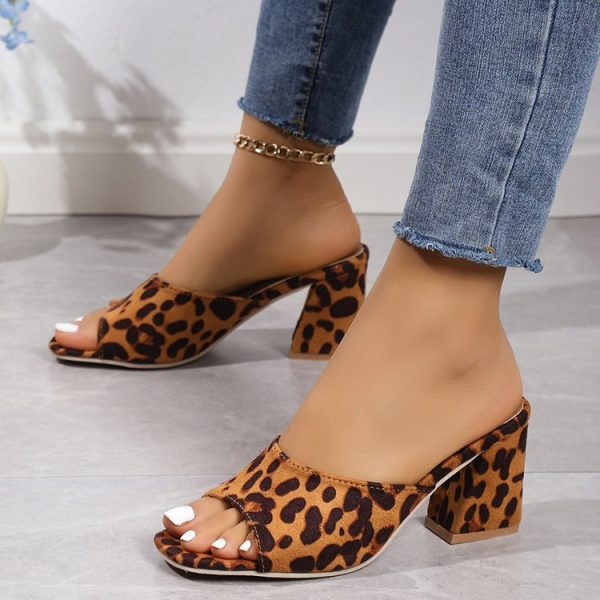 Leopard Square Toe Sandals Summer High-heeled Slippers Chunky Heel Shoes For Women - 图片 8