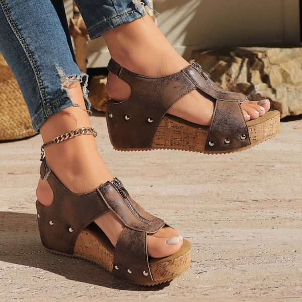 Summer Zipper Wedges Sandals Women's Lightweight Height Increasing Shoes Fashion Casual Sandals - 图片 5