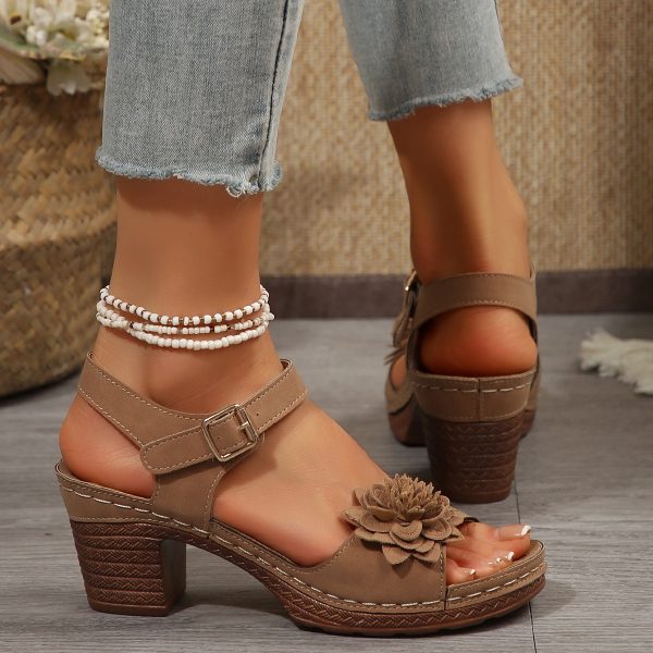 Women's Flowers Chunky Heel Sandals Summer Plus Size Platform Shoes - 图片 2