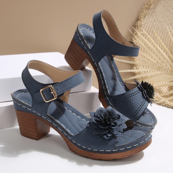 Women's Flowers Chunky Heel Sandals Summer Plus Size Platform Shoes - 图片 4