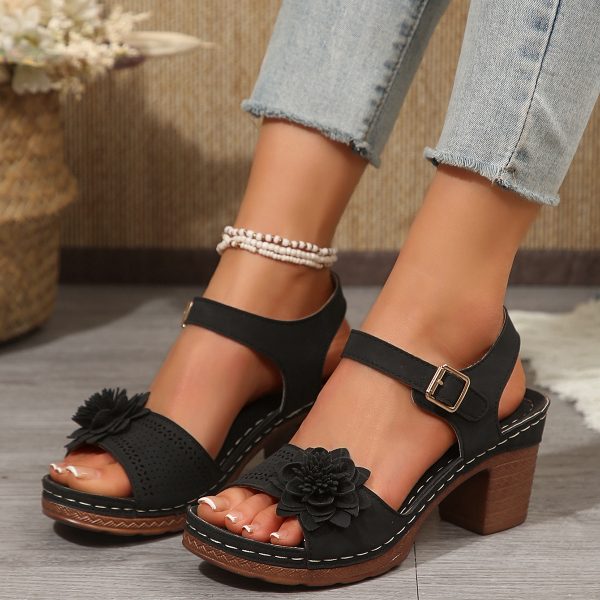 Women's Flowers Chunky Heel Sandals Summer Plus Size Platform Shoes - 图片 3