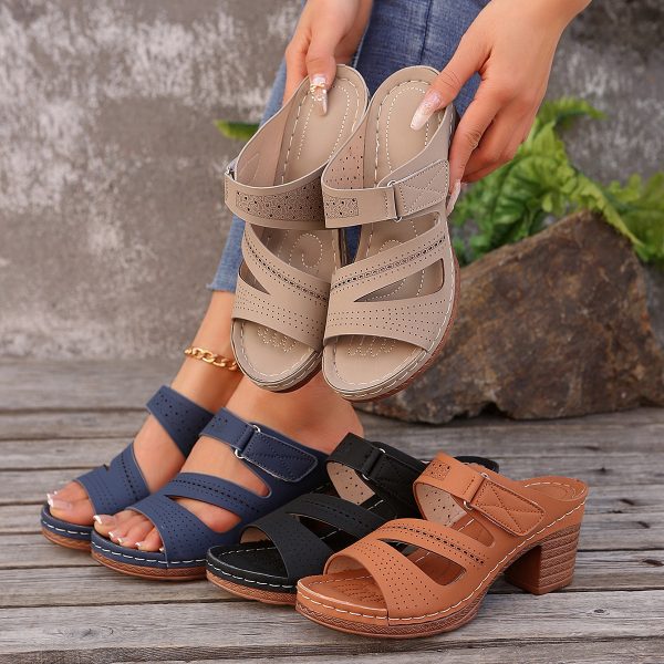 Square-heeled Peep-toe Slides Shoes Summer Casual Chunky Heel Sandals Solid Color Slippers - 图片 9